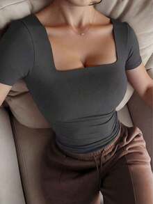 Square Neck Blouse With Short Sleeves, Versatile And Stylish Casual Wear For Everyday Use, Spring/Summer Clothing - Abu-abu - View 4