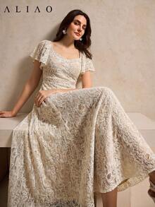 ALIAO Vestido de mujer de otoño con encaje de cachemira transparente y tirantes de espagueti, vestido formal de estilo vintage de corte para boda, fiesta, vestido femenino elegante de verano - Albaricoque - Ver 4
