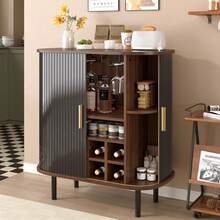 MERAX 28" Fluted Wine Bar Cabinet With 8-Grid Wine Rack, 5-Level Adjustable Shelves, 2 Glass Holders, Smoothly Sliding Tambour Doors, 4 Hidden Storage Space On The Side, Modern Liquor Coffee Station, Black - Black - View 4