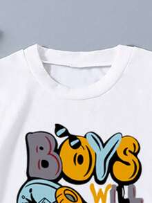 Tween Boy 字母印花短袖 T 恤和牛仔短裤套装 - 白色 - 查看 3