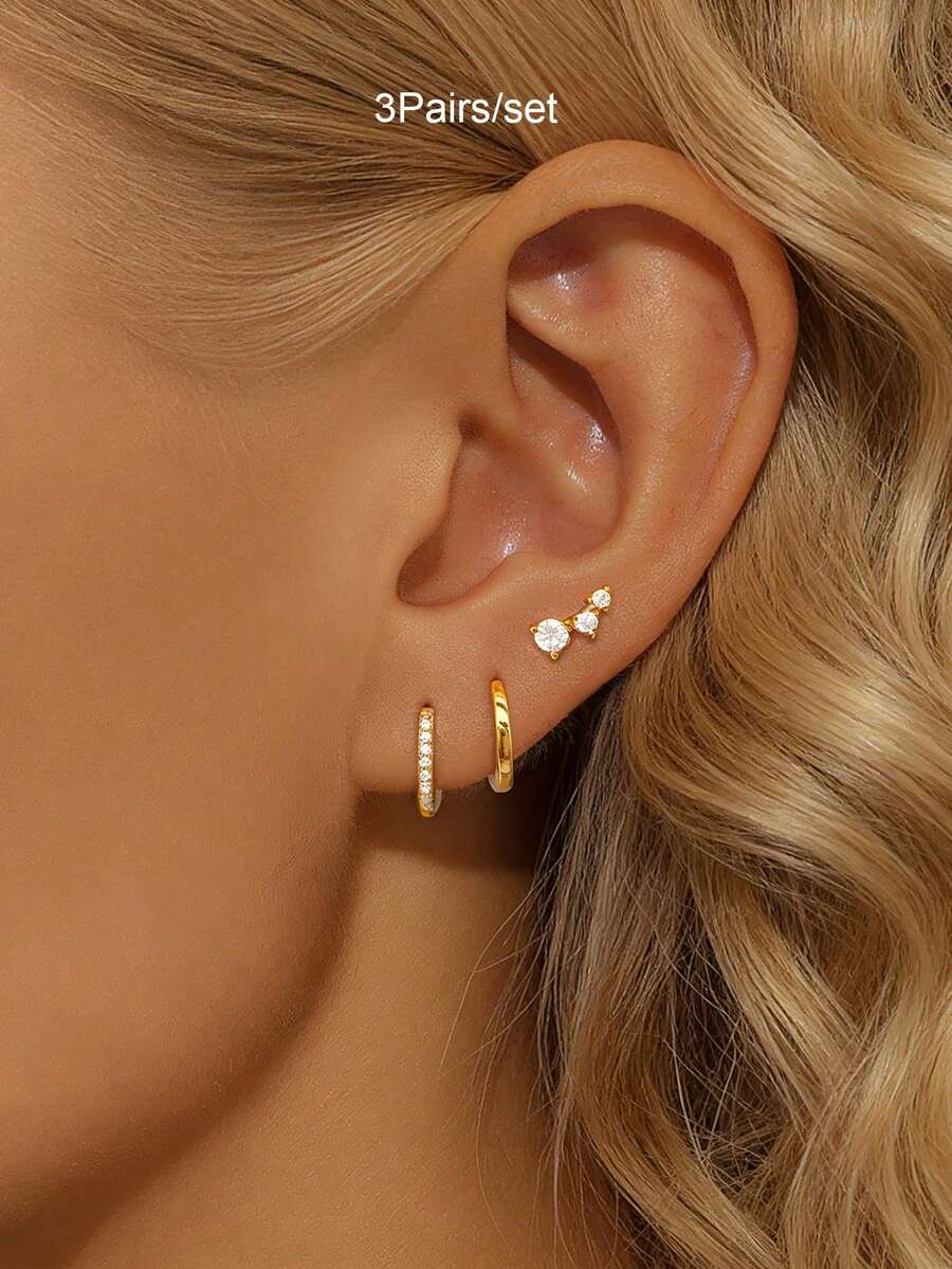 3Pairs Earrings Set For Women Gold Plated Zirconia Stud Hoop Earrings Stack Women Daily Jewelry Accessories - 3Pairs/set - View 1