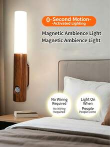 1pc Smart Motion Sensor Wall Light Walnut Wood Grain Night Light No Drilling Magnetic Bedside Wall Lamp - Multicolor - View 1