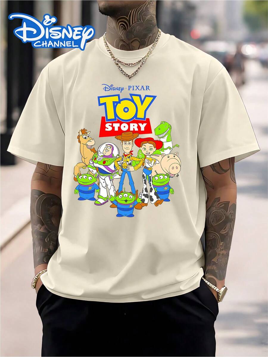 Disney Toy Story All-Character Print T-Shirt For Men: Summer, 100% Cotton, Loose Fit, Short Sleeve,Men's T-Shirts, Shirts,Disney Collaboration - 杏色 - 查看 1