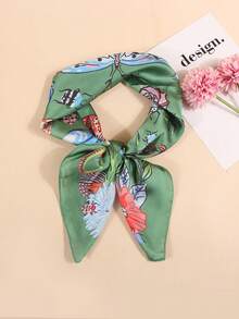 1pc Faux Silk Printed Neckerchief, Versatile Headband/Hair Scarf, Suitable For Daily Use - Green - View 2