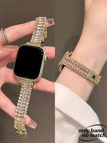 1pc Women's Luxury Triple-Row Sparkling Diamond Metal Watch Band, Gold Color, Compatible With Apple Watch Band Size 38/40/41/42/44/45/46/49mm, Compatible With Apple Watch Ultra/SE, Series 11/10/9/8/7/6/5/4/3/2/1 Smartwatch, Suitable For Birthday Party, Birthday Gift, High-End Luxury Strap - Gold - View 10