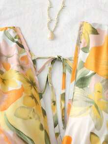 Vestido de vacaciones sin mangas con cuello en V profundo, estampado floral y drapeado - Multicolor 2 - Ver 11