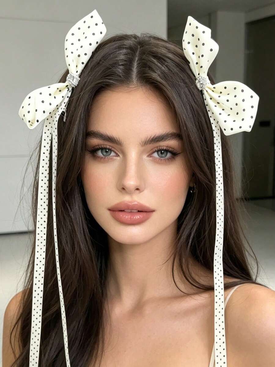 2Pcs French Vintage Polka Dot Bow Hair Clip, Rhinestone Long Ribbon Side Clip, Daily/Date Versatile Hair Accessory,Hair Claws - Multicolor - View 1