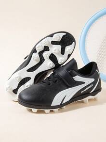 Children's Turf Soccer Shoes | Classic Black And White Color Training Shoes | Hook And Loop Easy On And Off | Outdoor Sports Shoes For Primary And Middle School Students - Black - View 1