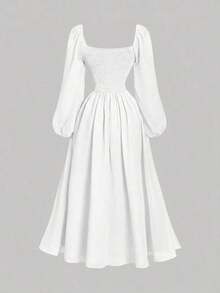 MOD Vestido de primavera para vacaciones con escote en forma de corazón, mangas farol y diseño de busto plisado - Blanco - Ver 7