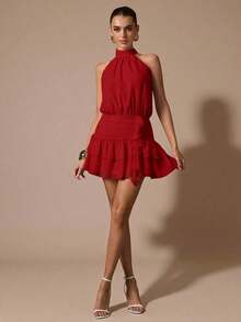 Vestido corto sin mangas con volantes en el bajo, de unicolor. Vestido elegante, dulce y lindo, adecuado para citas románticas, fiestas, reuniones formales, vestidos de dama de honor, vestidos de verano, vestidos de té, Año Nuevo, Día de San Valentín, vestido de cumpleaños, vestido rosa - Rojo - Ver 7