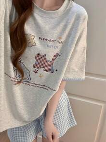 2pcs/Set Women's Pajama Loungewear Set, Cute Kitten Print Minimalist Casual Style, Shorts Comfortable Fashionable, Suitable For Spring And Summer - Multicolor - View 1