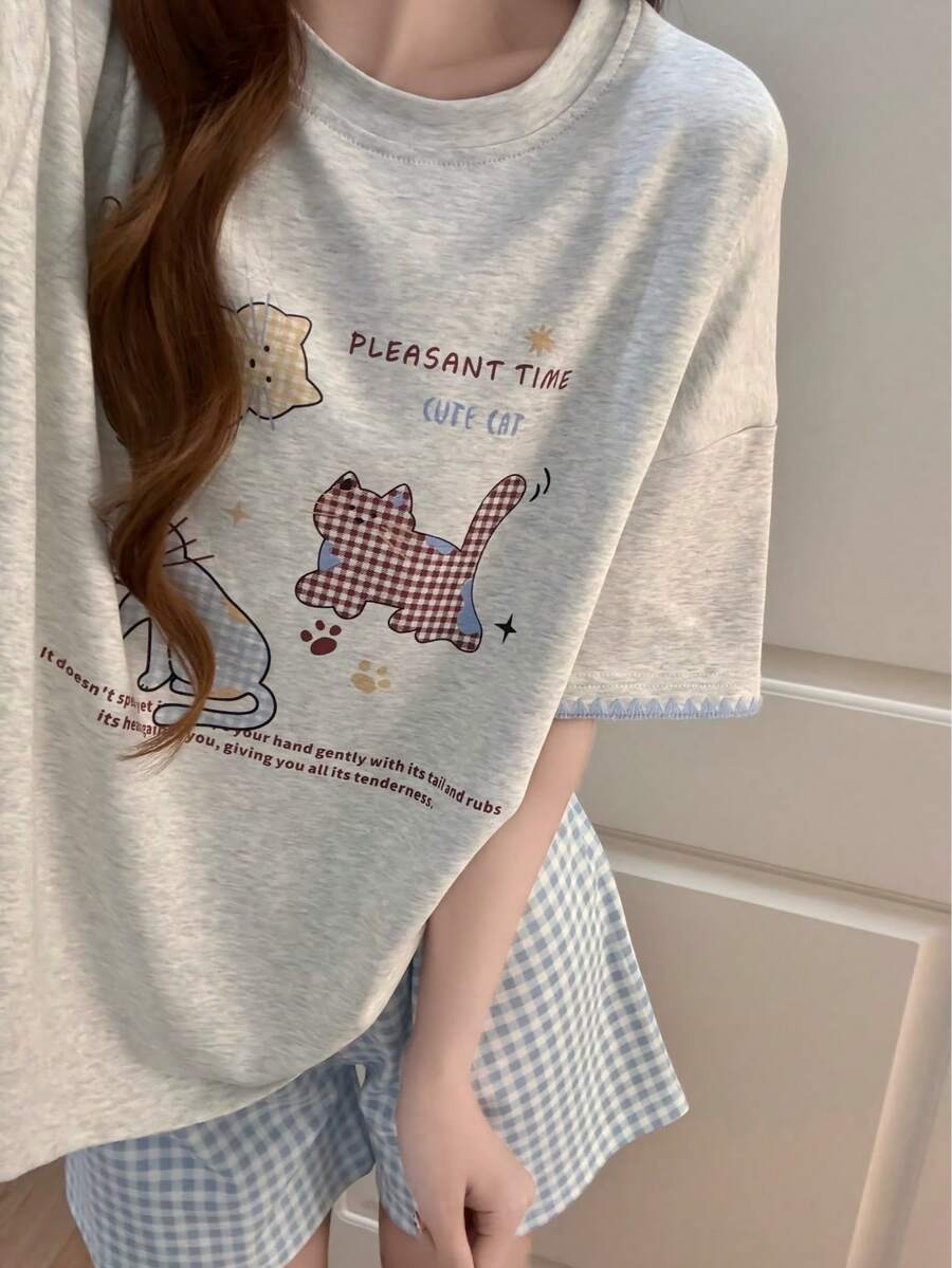 2pcs/Set Women's Pajama Loungewear Set, Cute Kitten Print Minimalist Casual Style, Shorts Comfortable Fashionable, Suitable For Spring And Summer - Multicolor - View 1