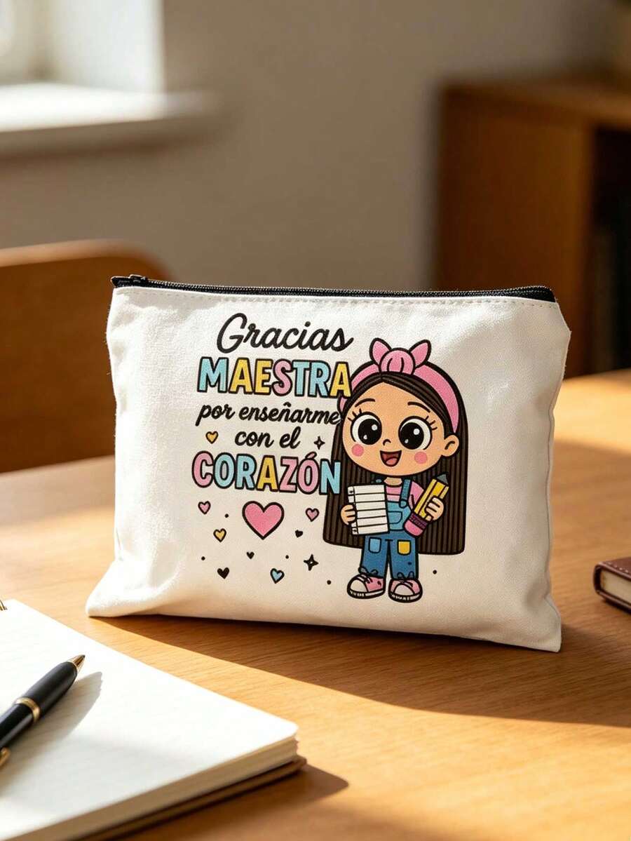 Maestra 主題化妝包套組，西班牙教師節禮物化妝包，「Gracias Maestra」花卉心形印花帆布拉鍊包，Maestra 字母圖案化妝包，花卉印花拉鍊女用化妝包，送給她的禮物，適用於女性化妝品收納、大學宿舍化妝品收納、女性旅行、禮物袋、教師節禮物袋