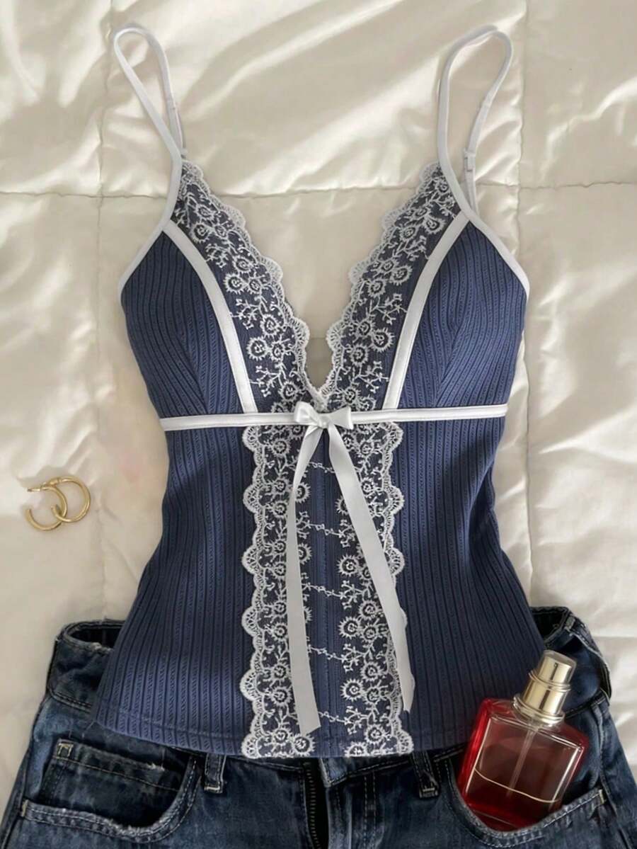Top de camisola de fiesta con parches de encaje y decoración de lazo - Azul - Ver 1