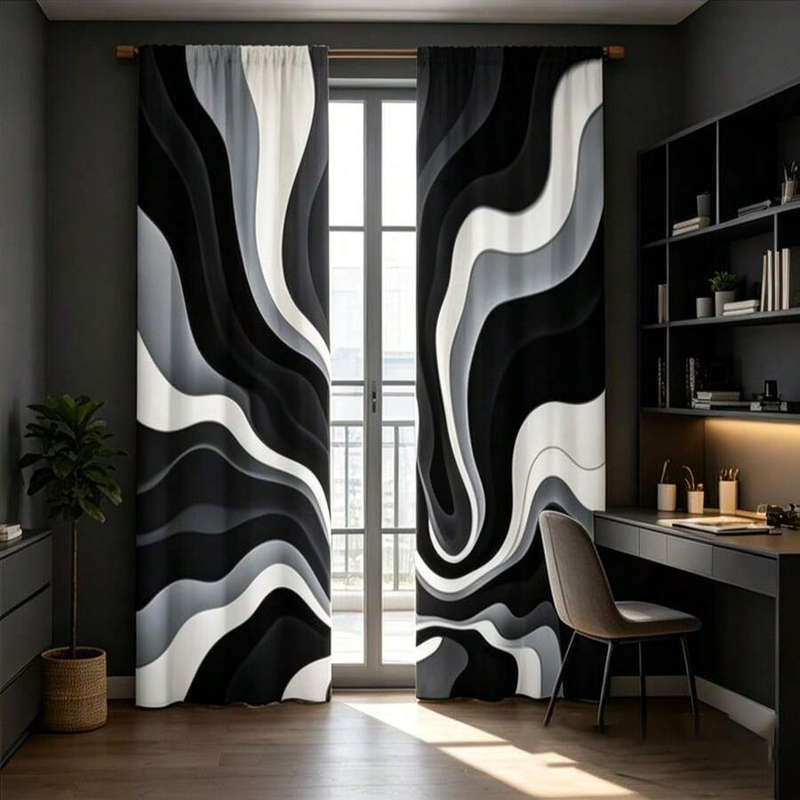 2pcs Abstract Black And White Wave Pattern Curtains, Digital Printing Technology, Thermal Insulation And Privacy Protection, Rod Pocket Design For Privacy, Fade Resistant, Machine Washable, Suitable For Bedroom, Living Room, Kitchen, Study And Other Home Decor, Decorative Curtains - Multicolor - View 1