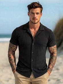 Men's Casual Ribbed Resort Shirt Short-Sleeve Button-Down Camp Collar - Black - View 2