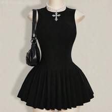 Yunuo Menswear  Vestido mini de verano para mujer de unicolor con cuello redondo y bajo plisado - Blanco - Ver 4