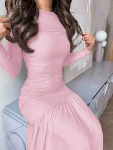 Vestido de manga larga con cuello redondo y malla, adecuado para la temporada de otoño, atuendo de regreso a la escuela, vestimenta de maestro - Rosa - Ver 3