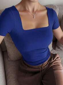 Square Neck Blouse With Short Sleeves, Versatile And Stylish Casual Wear For Everyday Use, Spring/Summer Clothing - Blue-green Water - View 2