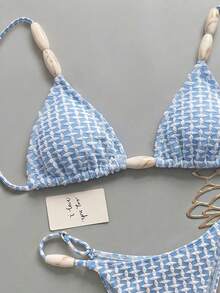 Bikinx 女款波希米亞風紋理面料串珠細肩帶比基尼套裝，時尚優雅海灘泳裝度假夏季款 - 藍白色 - 查看 9
