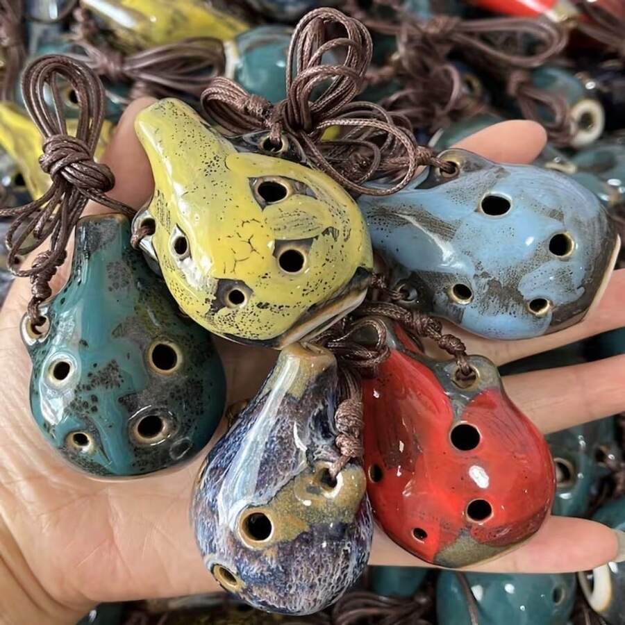1件 6孔陶瓷歐卡利那－復古風6孔迷你歐卡利那，附可調節掛繩，方便攜帶與收納，適合演奏，音樂項鍊配件，派對用品，樂器裝飾 - 彩色 - 查看 1