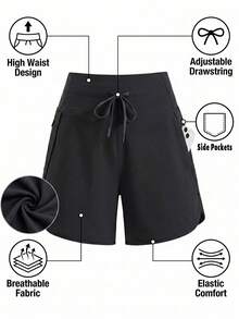 Women's Quick-Dry High Waist Sports Shorts, 5-Inch Activewear Running Fitness Cycling Shorts With Pockets, Lightweight Outdoor Workout Yoga Essential For Summer - Black - View 6
