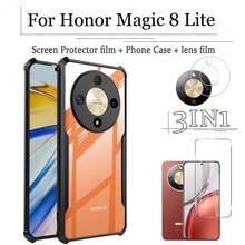 3in1 For Honor Magic 8 Lite Phone Case Shockproof For Honor Magic 8 Lite Phone Cover + Tempered Glass Protective Film+Lens Film - Black - View 2
