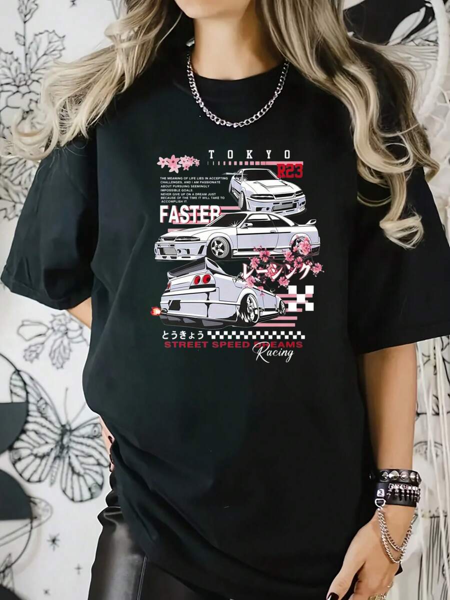 Tokyo Racing Cars Street Speed Digital Print Short Sleeve Unisex Pure Cotton Loose And Comfortable - Black - View 1