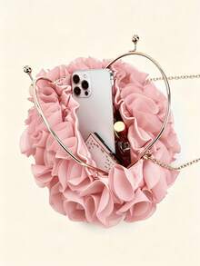 Elegant Layer Ruffle Satin Handbag, Chain Strap Clutch For Night Out & Dinner - Coral Pink - View 7