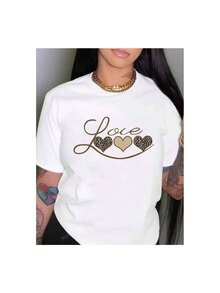 YOCASA Women's Casual Summer T-Shirt, Round Neck, Fitted, Short Sleeve, With Oil Paint, Floral, Heart, Cherry, And Letter Prints. Simple, Casual Fabric, Sporty Style, Ideal For Everyday Wear And A Valentine's Day Date. - 白色 - 查看 3