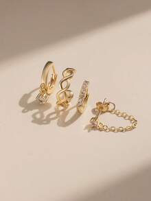 Nooxian Set de 4 piezas de aretes de oro con circonita: Arete de oreja con símbolo del infinito + Aro con diamante de imitación + Aretes de cadena con borla en forma de estrella, diseño de lujo con capas - Amarillo Oro - Ver 5