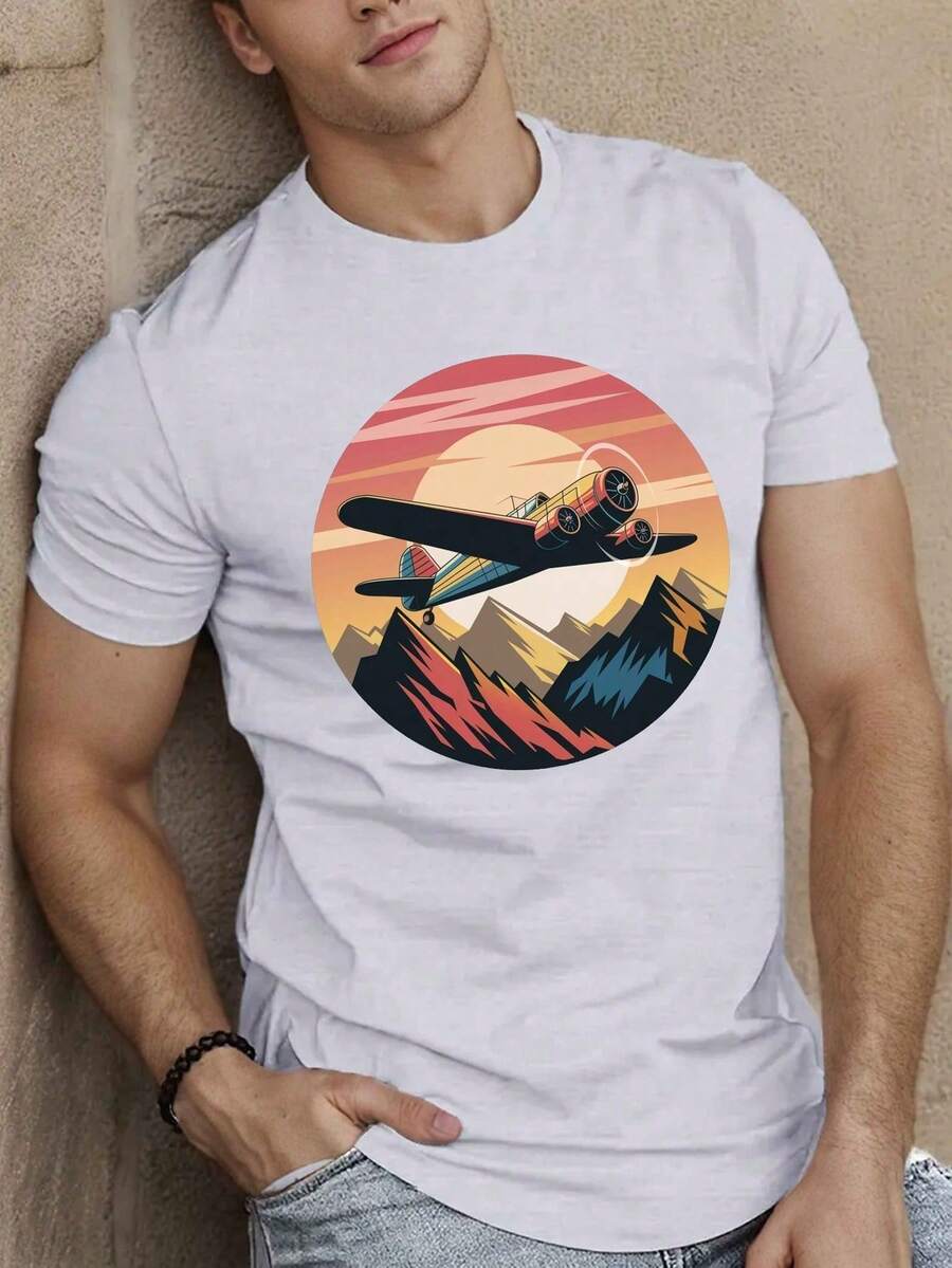 Father's Day Vintage T-Shirt For Men With Airplane And Mountain Print - Casual Short Sleeve, Breathable Polyester, Machine Washable - Perfect For Summer. Summer Men's Comfortable T-Shirt / A Very Distinctive Printed T-Shirt / Unisex Style / Suitable For Both Men And Women / Wrinkle-Resistant / Breathable. Suitable For Spring, Summer And Autumn - 白色 - 查看 1