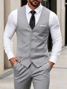 WindsorQuad Chaleco de traje para hombre, chaleco de contraste de caballero, conjunto de chaleco y corbata de traje de boda de corte slim de moda, de una sola hilera, para ocasiones formales como negocios, fiestas, viajes, graduación, color gris claro - Gris Claro - Ver 3