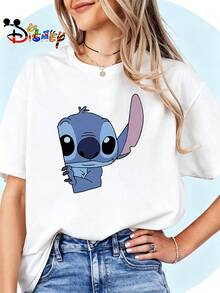 Breathable Cotton Disney Fan Tee | "Cute Peeking Stitch" Blue Alien Character Graphic Print | Park Day Pullover Shirt - 白色 - 查看 1