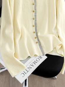 Elegant Women's Thin Spring/Autumn Blouse With Patchwork Solid Color And Front Button Closure - Apricot - View 4