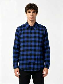 Men's Long-Sleeved Checkered Dress Shirt - Royal Blue - View 1