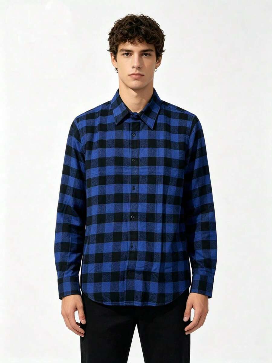 Men's Long-Sleeved Checkered Dress Shirt - Royal Blue - View 1