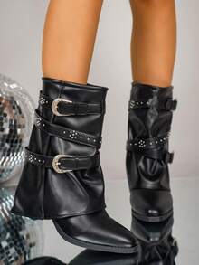Sepatu Bot Wanita Model Vintage Gaya Motor Musim Gugur/Dingin Terbaru 2026 dengan Hiasan Paku Keling dan Model Longgar - Hitam - View 6