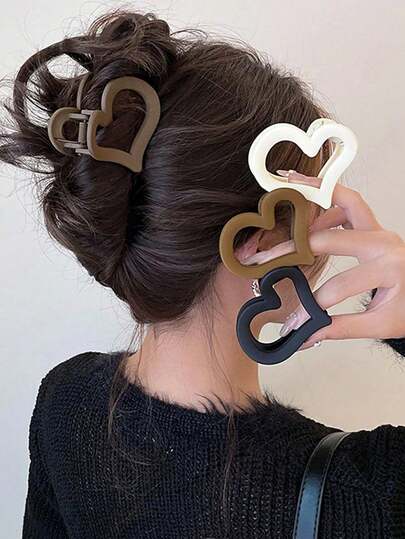 1/4pcs Women's Black, White, Brown, Khaki 6cm/2.36in Heart-Shaped Lightweight Plastic Hair Clips, Fashionable Versatile Elegant Solid Color Hair Clips, Suitable For Daily, Casual, Party, Work, Vacation, Face Washing, Makeup, Outfit Matching, Summer Hair Accessories, Graduation Gift, Party Favor, Hair Ties, Summer Hair Clips Beach Claw Clips