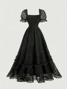 MOD Vestido con volantes y mangas de pétalos de encaje floral rosa - Negro - Ver 3