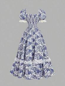 MOD Vestido floral victoriano con volantes de encaje blanco, vestido de fiesta, vestido de gala - Azul y blanco - Ver 11