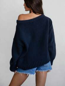Women American Flag Off Shoulder Knit Sweater, Oversized Star Stripe Long Sleeve Loose Pullover, Patriotic Jumper For 4th Of July Daily Casual Wear - 藏蓝色 - 查看 4