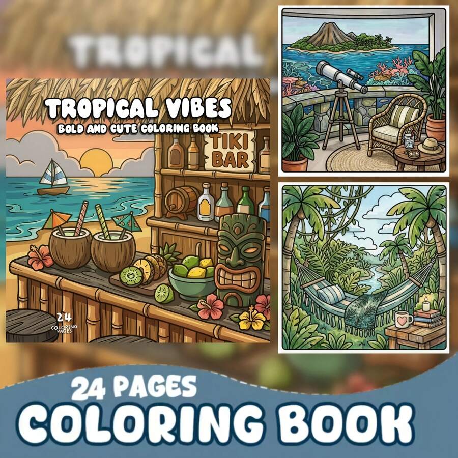 Tropical Coloring Pages, Summer Beach Island Coloring, Relaxing Coloring, Cute Numbered Coloring Book. The Book Contains Relaxing Beach Scenes, Vegetation, And Island-Themed Designs. The Lines Are Simple And Smooth, Making It Easy To Color. - 熱帶風情著色本 - 查看 1
