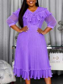 Plus Size Women's Lavender V-Neck Summer Chiffon Pleated A-Line Double-Layer Dress With Ruffle Hem, Sheer Puff Sleeves, Elegant Mid-Length Wedding Guest, New Year Party Dress - Purple - View 5