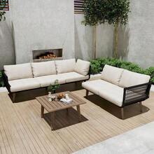Garden Furniture Set, Sofa + Coffee Table, Galvanized Steel Tube, Olefin, Tabletop In Wood Grain Color, Woven Rope Craftsmanship, Suitable For The Garden - Black - View 6