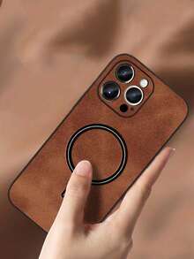 1pc Luxury Minimalist Business Retro Faux Leather Anti-Drop Magnetic Adsorption Phone Case Suitable For IPhone 16 15 14 13 12 11 Pro Max Plus, Lens Protection Wireless Charging Phone Case - Coffee Brown - View 2