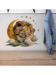 Crescent Moon Sleeping Lion Wall Sticker, Cloud & Star Wild Animal Wall Decals, Removable Peel And Stick For Kids Room Nursery Home Decor - Sleeping Lion On the Crescent Moon - View 5
