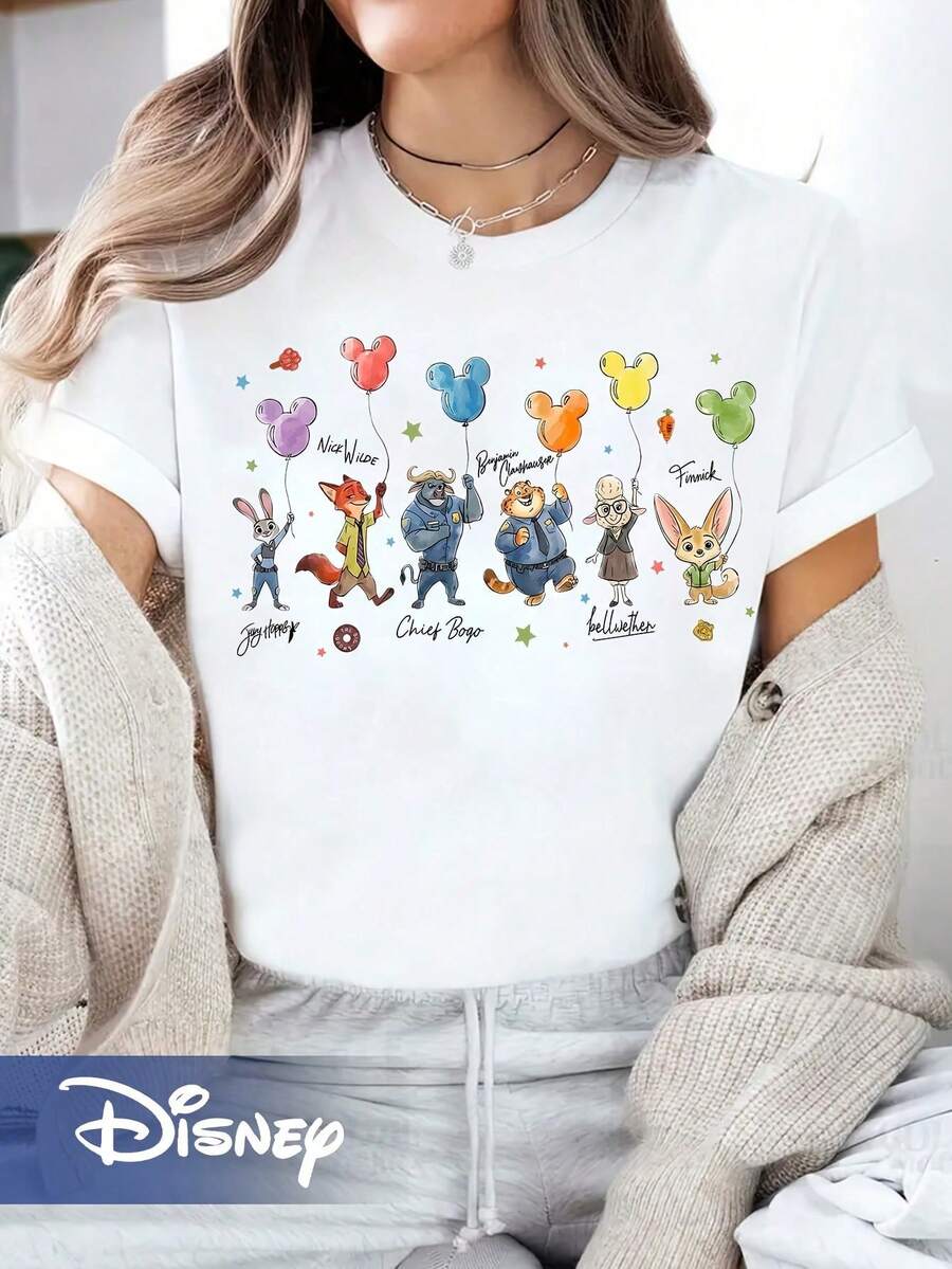 Disney Mickey Balloon Zootopia Round Neck Short Sleeve T-Shirt - 白色 - 查看 1