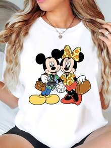 Disney Mickey And Minnie Mouse Couple Cartoon Print Women T Shirt Round Neck Short Sleeve Casual Daily Wear Summer Holiday Soft Comfortable 220g - trắng - Xem 1