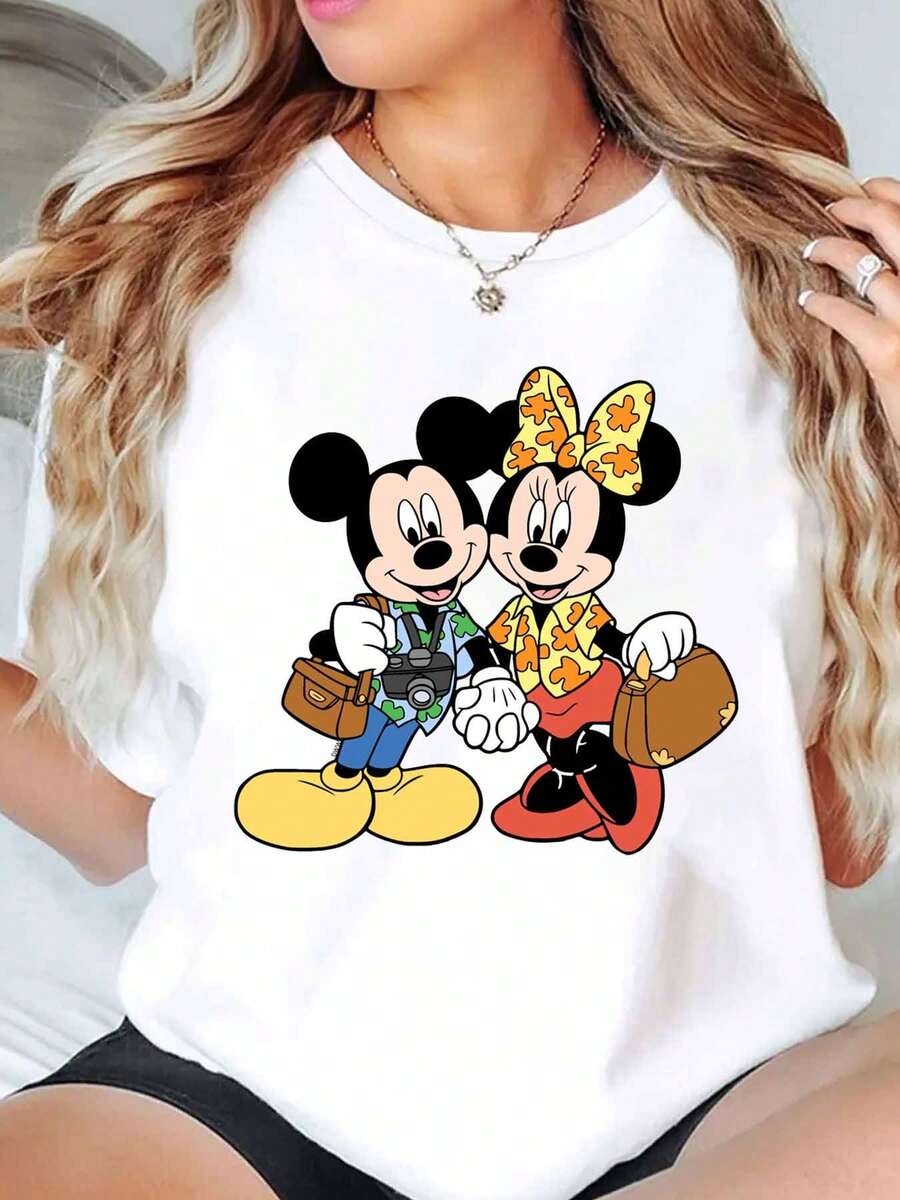 Disney Mickey And Minnie Mouse Couple Cartoon Print Women T Shirt Round Neck Short Sleeve Casual Daily Wear Summer Holiday Soft Comfortable 220g - trắng - Xem 1